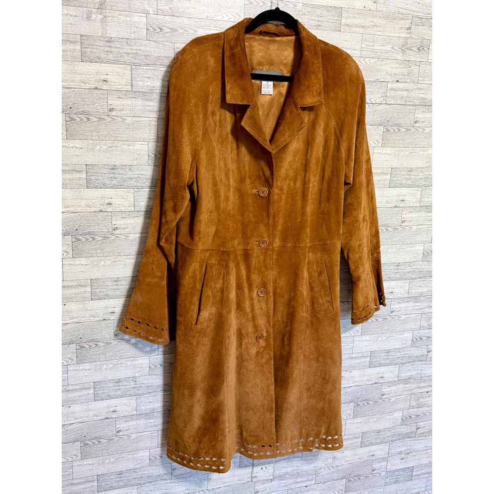 Clifford & Wills Womens 16 Brown Suede Leather Trench Coat Bell Sleeve Boho 90s - Picture 7 of 13